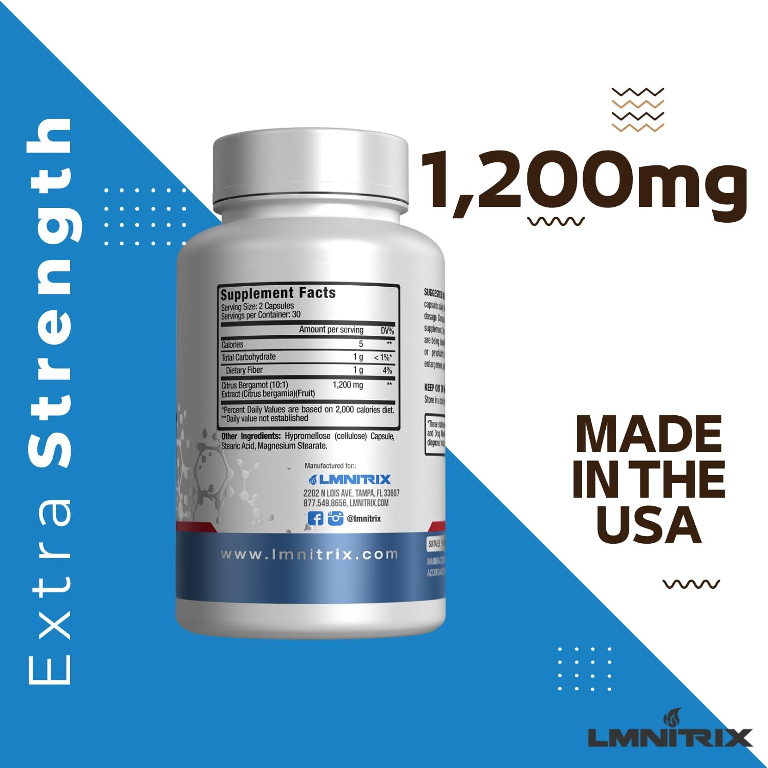 LMNITRIX Bergamota Cítrica 1200 mg - 60 Cápsulas - Vegano, Sin Gluten