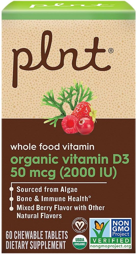 Vitamina D3 Orgánica 50 mcg (2000 UI) - Complemento Alimenticio de Origen Vegetal - 60 Comprimidos Masticables Sabor Frutos Rojos