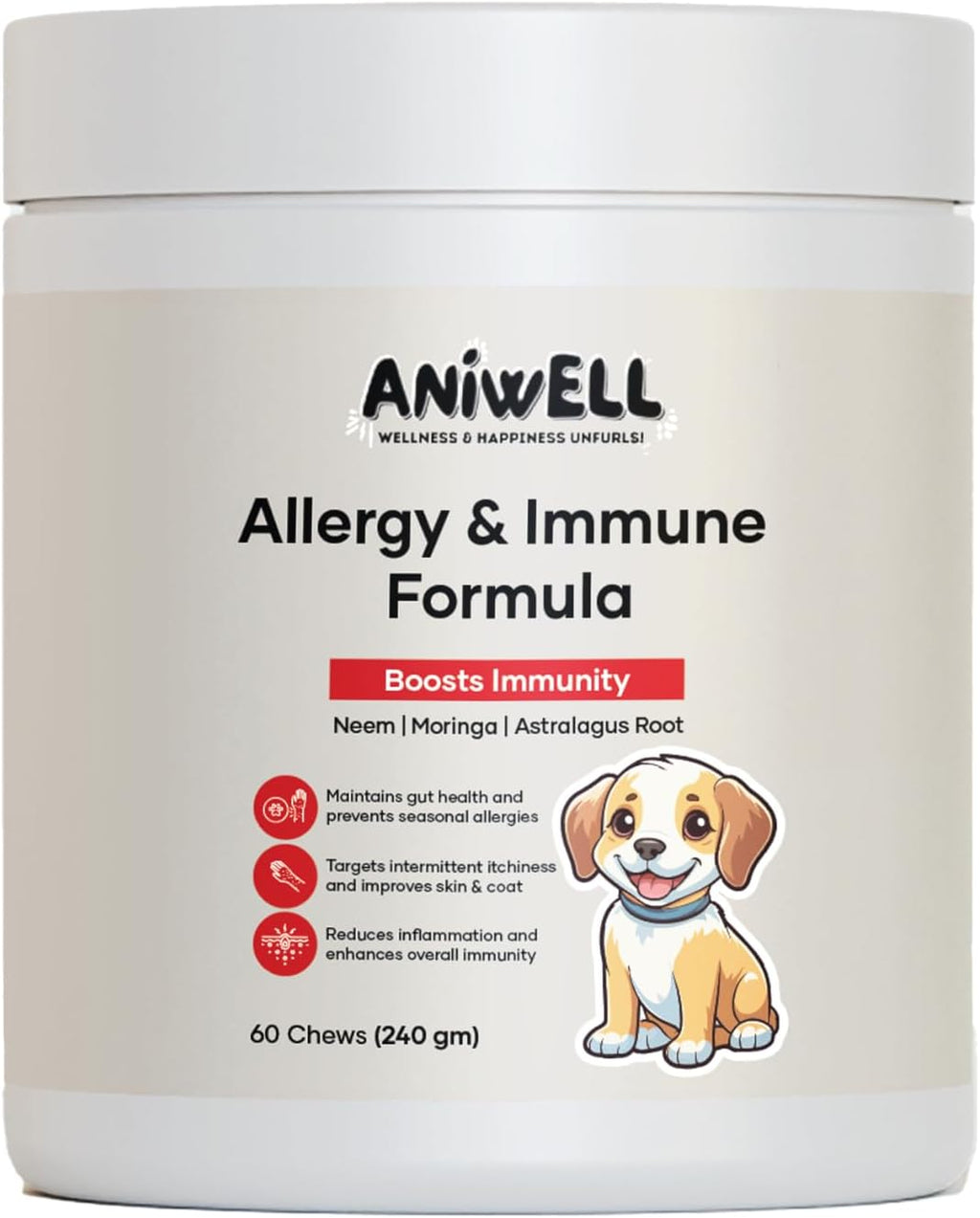 Aniwell Allergy & Immune Support Chews para Perros - Con Astrágalo, Linaza, Probióticos y Colostro