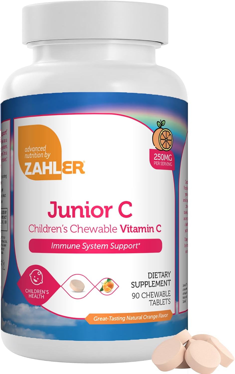 Zahler Junior C - Vitamina C Masticable Avanzada para Niños - Sabor Naranja Delicioso - 90 Comprimidos