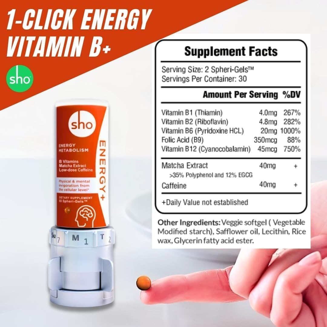 SHO Vegan Energy+ Focus Supplement Kit - Complejo B Metilado con Matcha y Cafeína Natural, 60 Cápsulas