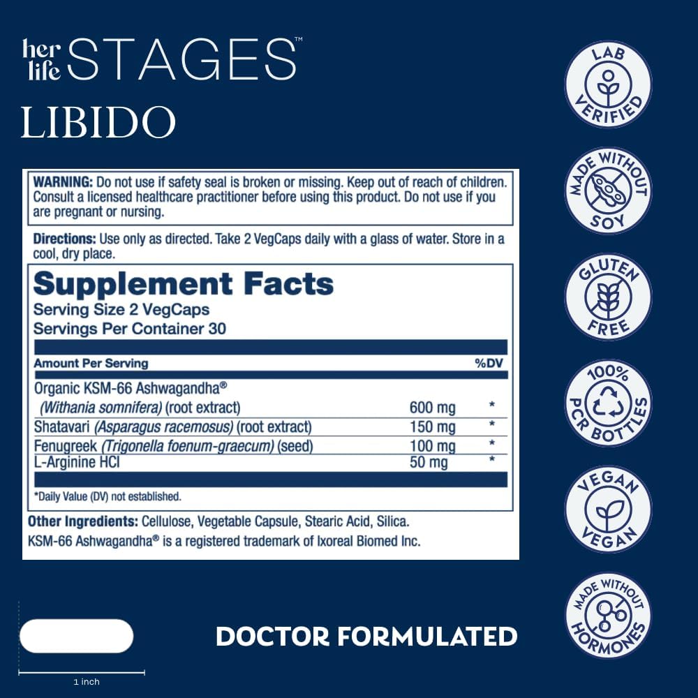 SOLARAY Libido her Life Stages - Apoyo a la Lubricación Natural y Aumento del Deseo Femenino - Cápsulas de Shatavari, Fenugreco, Ashwagandha Orgánica - Sin Hormonas - 60 Cápsulas Vegetales