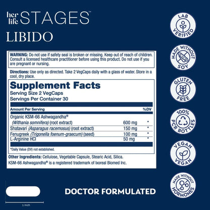 SOLARAY Libido her Life Stages - Apoyo a la Lubricación Natural y Aumento del Deseo Femenino - Cápsulas de Shatavari, Fenugreco, Ashwagandha Orgánica - Sin Hormonas - 60 Cápsulas Vegetales