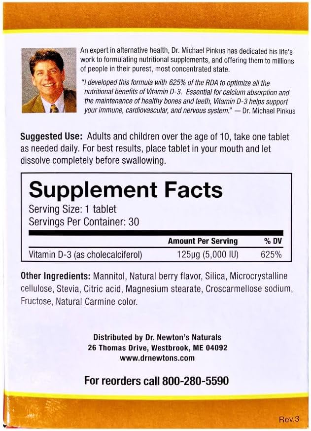 Dr. Newton's Naturals Vitamina D3 5000 UI - Comprimidos de Fusión Rápida - 30 Comprimidos