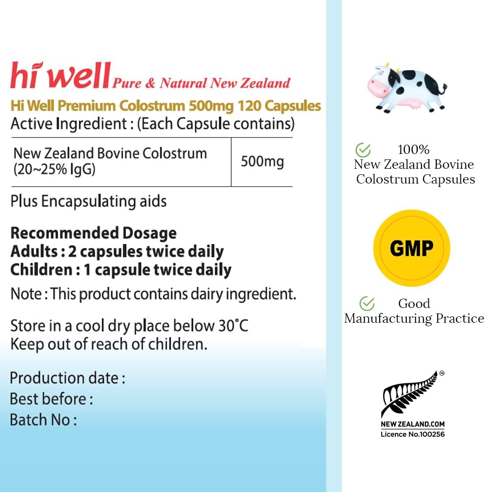 Hi Well Premium Calostro Bovino 100% Puro de Nueva Zelanda Grass-Fed 500mg 120 Cápsulas