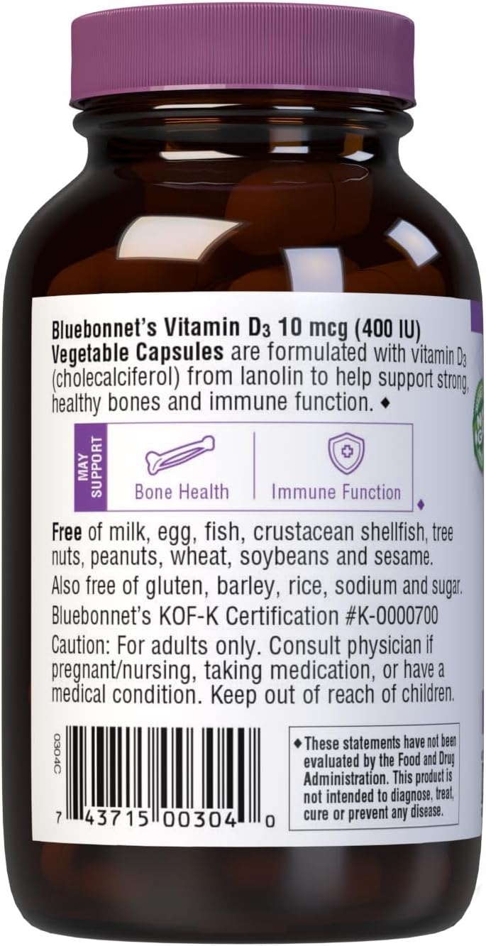 BlueBonnet Vitamina D3 400 UI – 90 Cápsulas Vegetales