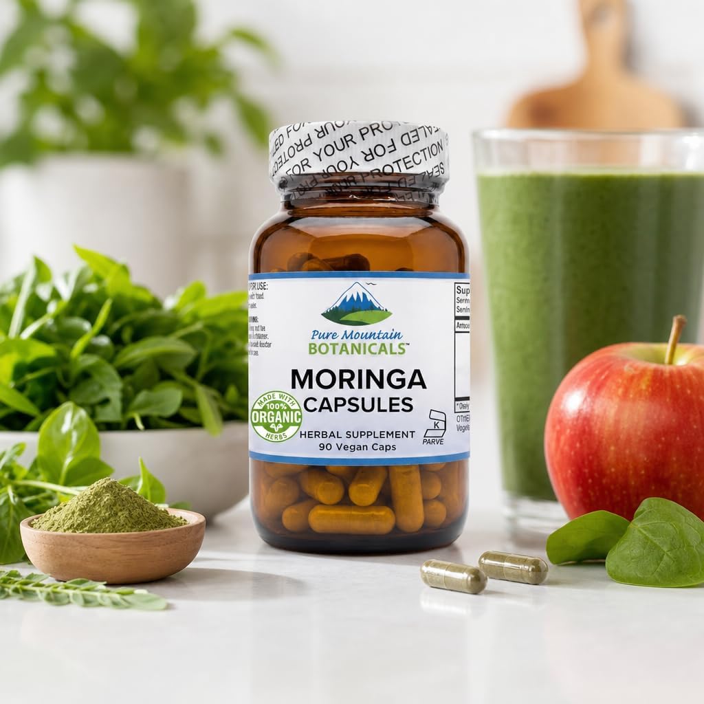 Pure Mountain Botanicals Moringa en Cápsulas - 1000mg Orgánico por Ración - 90 Cápsulas - Vegano Kosher Sin Gluten