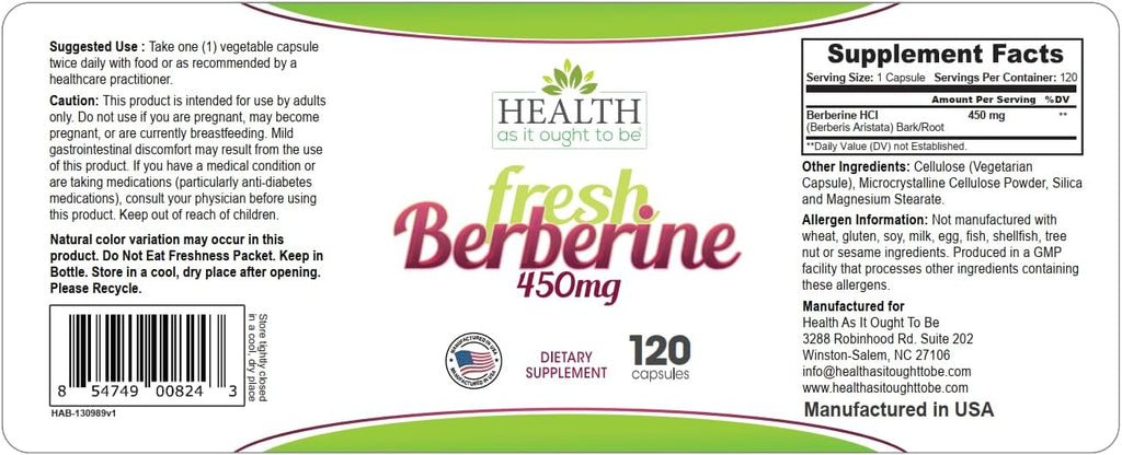 Health As It Ought To Be Berberina Pura 450mg - Suplemento Fresco sin Aditivos - 120 Cápsulas