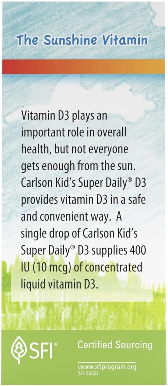 Carlson Kid's Super Daily D3 - Gotas de Vitamina D3 para Niños, 400 UI, 365 Gotas