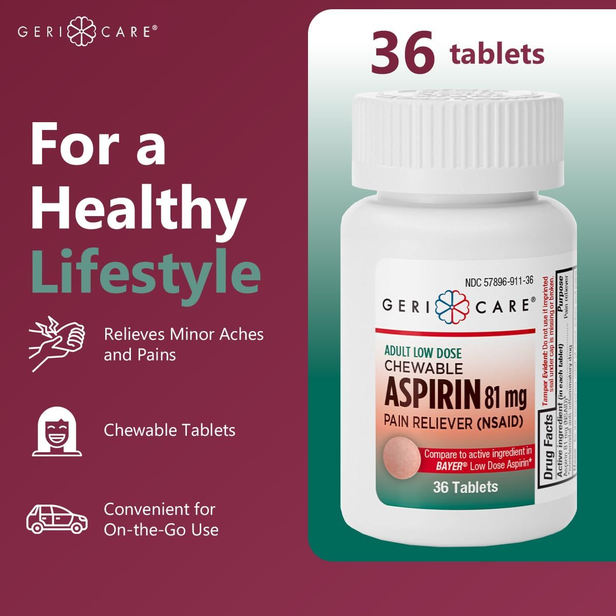 GeriCare Aspirina 81 mg Masticable para Adultos, Alivio del Dolor y Reductor de Fiebre, 36 Comprimidos