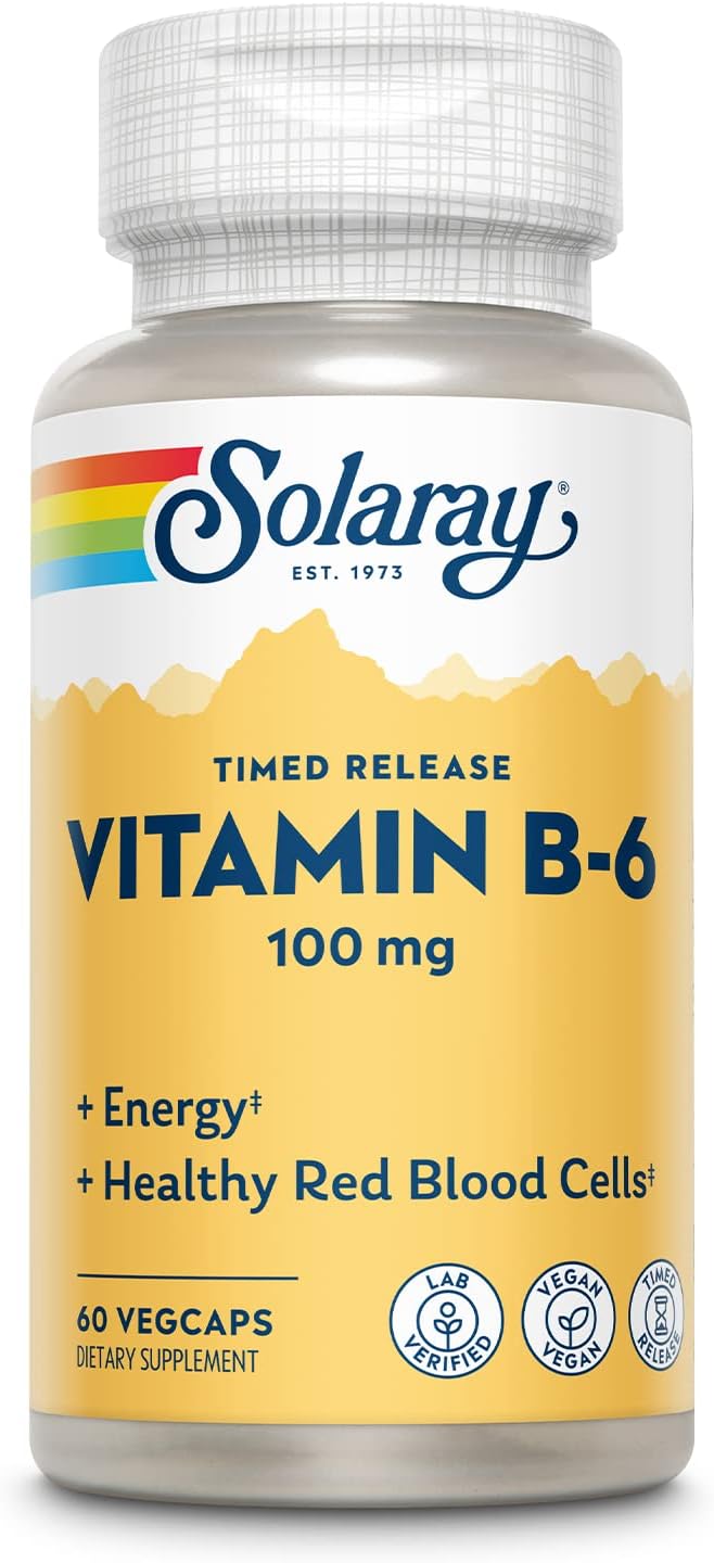 SOLARAY Vitamin B6 100mg - Pyridoxine HCl - Sustained Release - Vegan - 60 Capsules