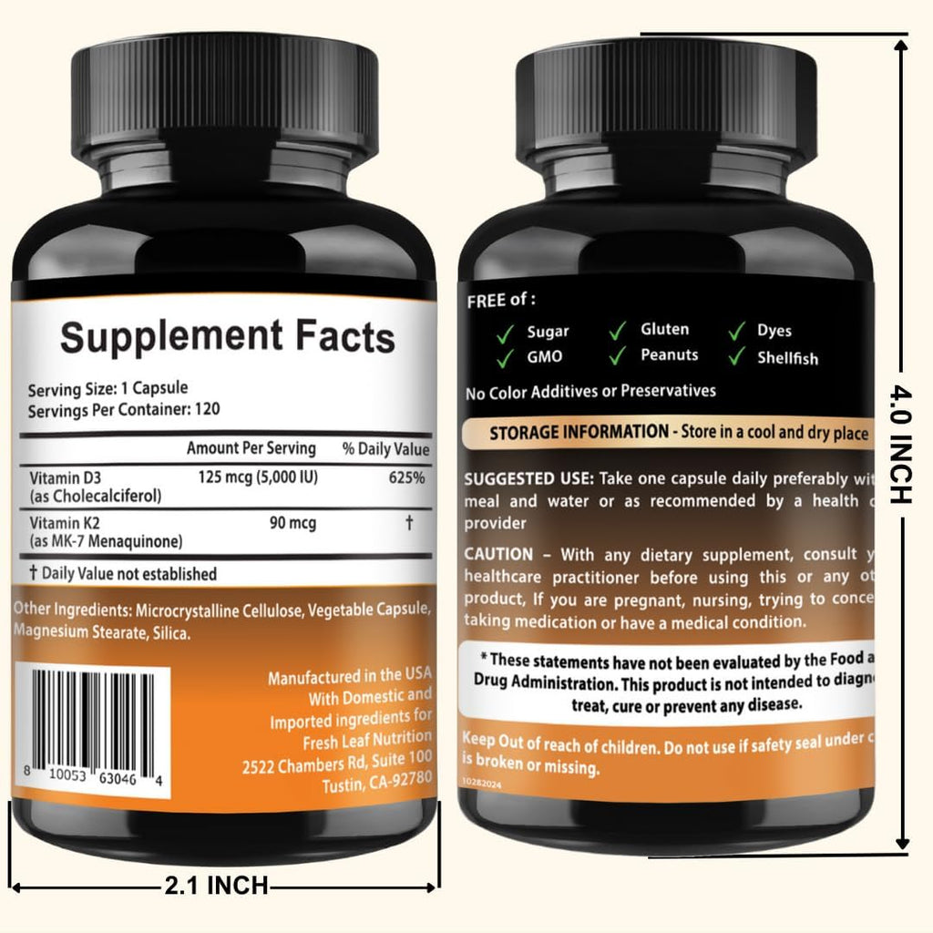 VITBOOST Complejo Vitamina D3 y K2 - 5000 UI D3 (125 mcg) + 90 mcg K2 MK-7 | 120 Cápsulas | No GMO | Sin Gluten