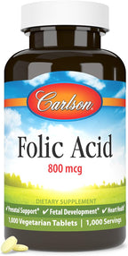 Carlson - Folic Acid, 800 mcg, Provides Important Prenatal Support, 1000 Tablets