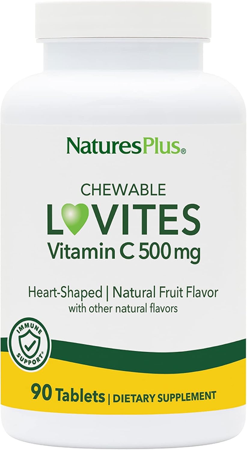 NaturesPlus Lovites - 90 Comprimidos Masticables con Forma de Corazón - 500 mg de Vitamina C - Sabor Natural a Fruta - Vegano, Sin Gluten