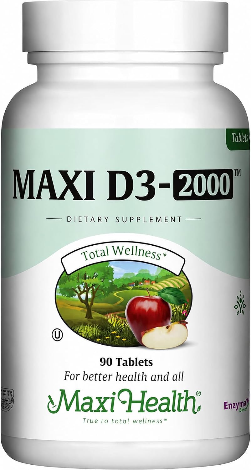 Maxi Health Vitamina D3 2000 UI Comprimidos – Apoyo Inmunitario, Salud Ósea y Función Muscular – Suplemento de Vitamina D 2000 UI para Adultos – Kosher, Fáciles de Tragar, 90 Comprimidos