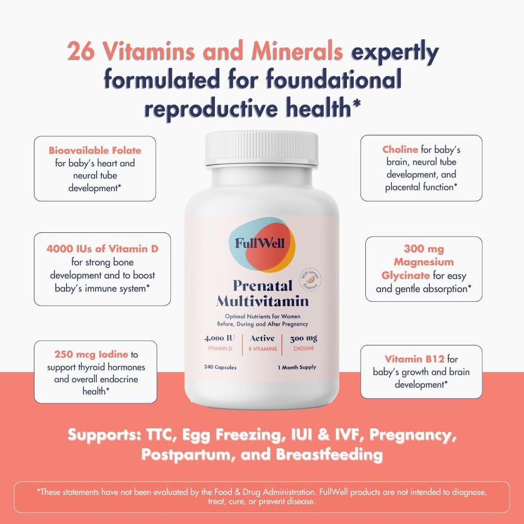 FullWell Women's Prenatal Multivitamin con Esencia de Limón - 240 Cápsulas (30 Dosis)