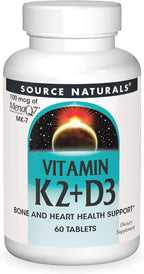 Source Naturals Vitamina K2 + D3 Complejo para Huesos y Corazón - 400 UI Vitamina D3 y 100 mcg Vitamina K2 (MK-7) con Calcio - 60 Comprimidos