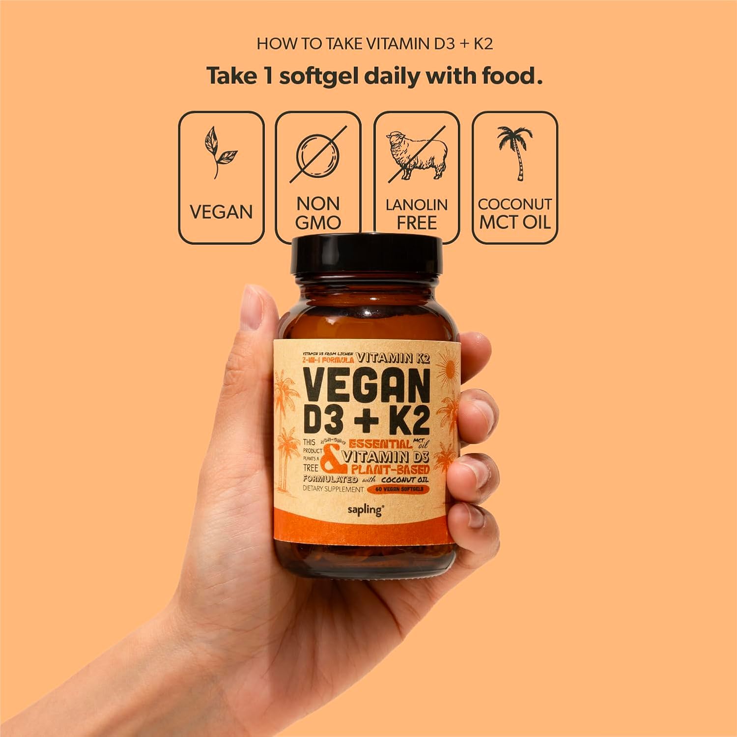 Sapling Vitamin D3 + K2 Vegano - 4000 UI D3 y 100 mcg K2 (MK-7) - Absorción de Calcio y Salud Ósea - 60 Cápsulas Blandas