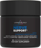 Livingood Daily Nerve Support Supplement - Complemento para el Sistema Nervioso 12-en-1 con B12 Metilada, Folato, Benfotiamina, Ácido Alfa Lipoico y Matricaria - Sin Gluten, No GMO - 60 Cápsulas