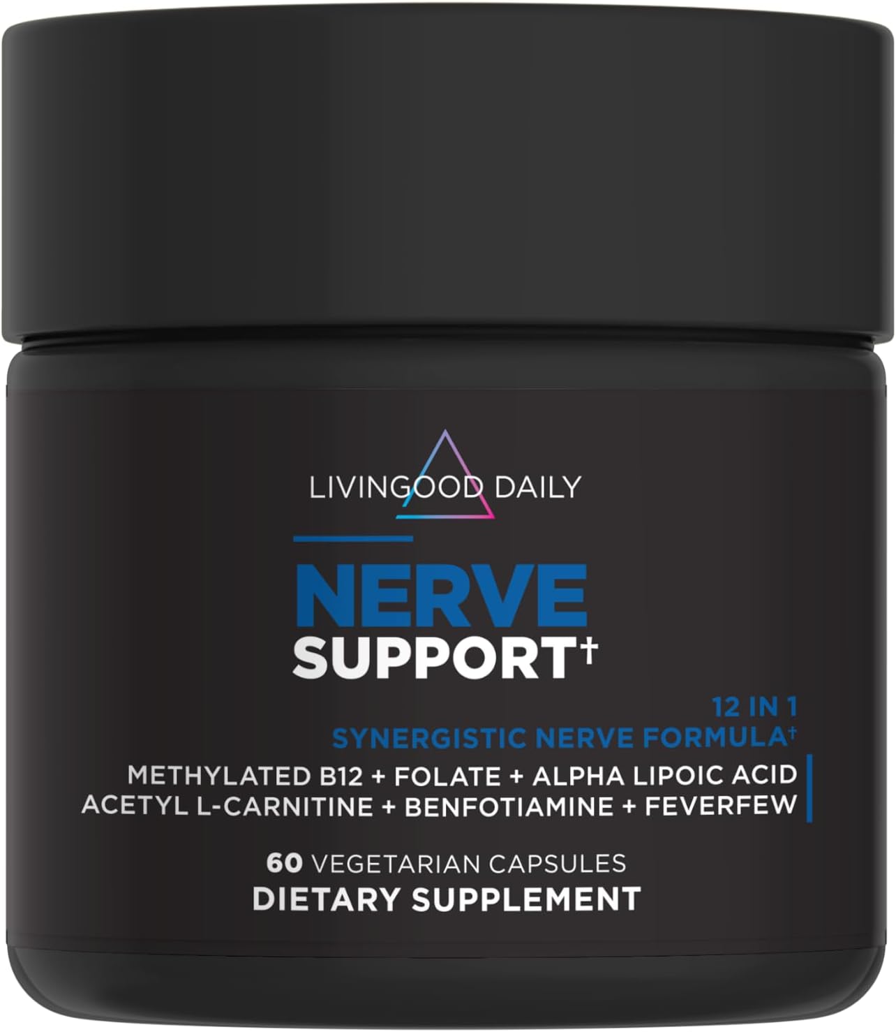 Livingood Daily Nerve Support Supplement - Complemento para el Sistema Nervioso 12-en-1 con B12 Metilada, Folato, Benfotiamina, Ácido Alfa Lipoico y Matricaria - Sin Gluten, No GMO - 60 Cápsulas