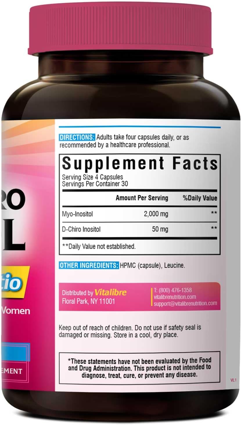 Vitalibre Inositol Supplement, Myo-Inositol & D-Chiro Inositol 40:1, 120 Cápsulas Veganas