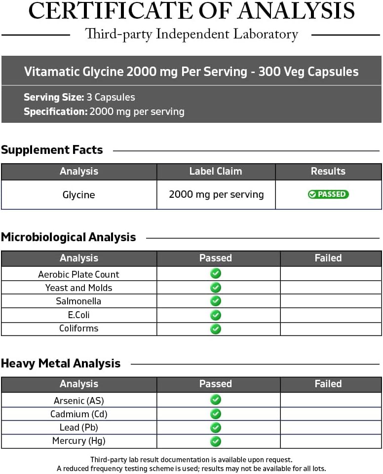 Vitamatic Glicina Suplemento, 2000mg por Dosis, 300 Cápsulas, No-GMO, Sin Gluten