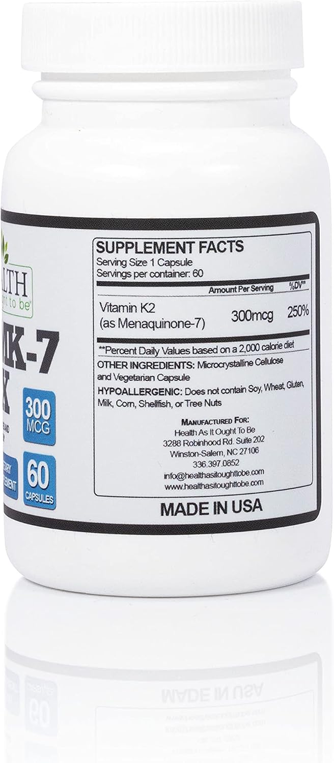 Health As It Ought To Be Vitamina K2 MK-7 300 mcg – Suplemento extra fuerte, sin soja – 60 cápsulas