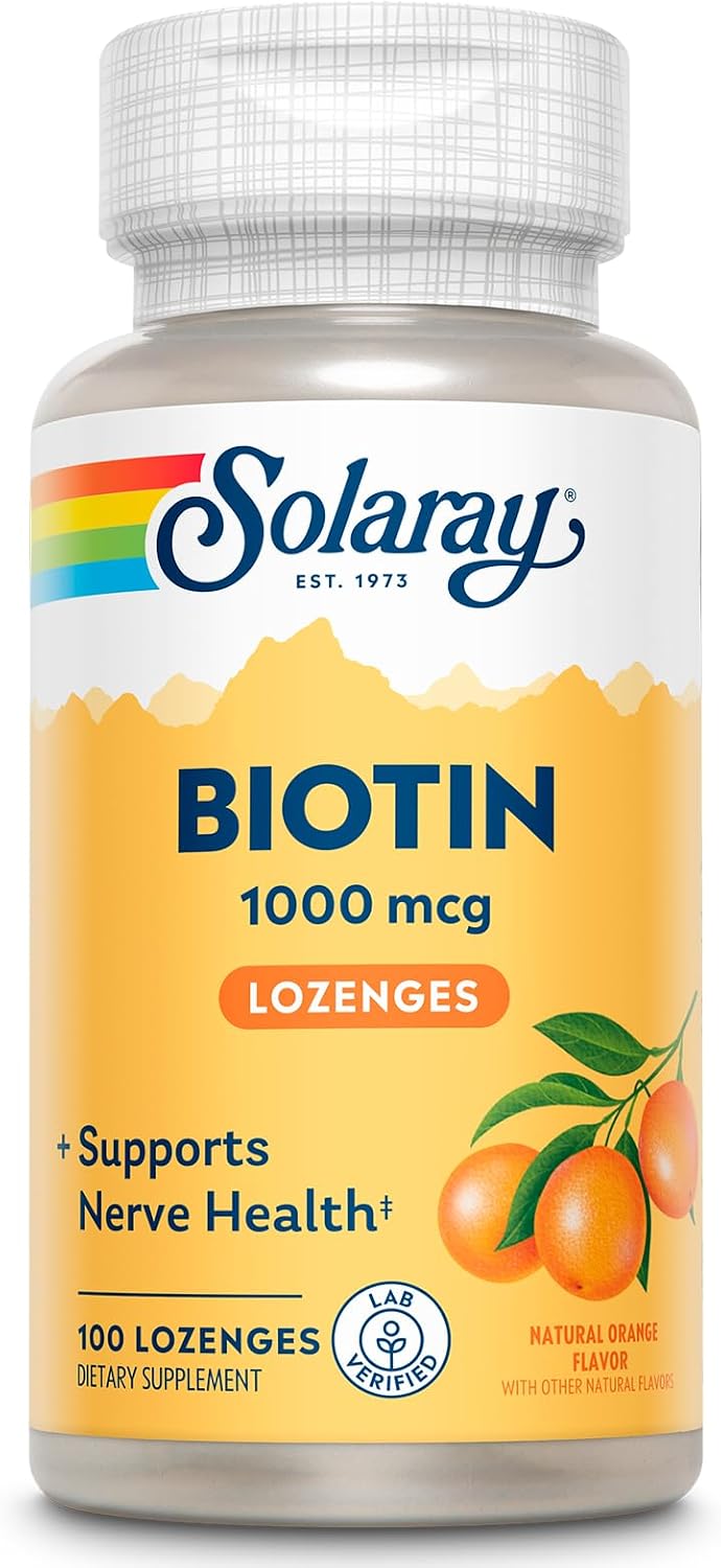 Solaray Biotina 1000mcg Pastillas Masticables - Complemento con Vitamina A - Sabor Naranja Natural