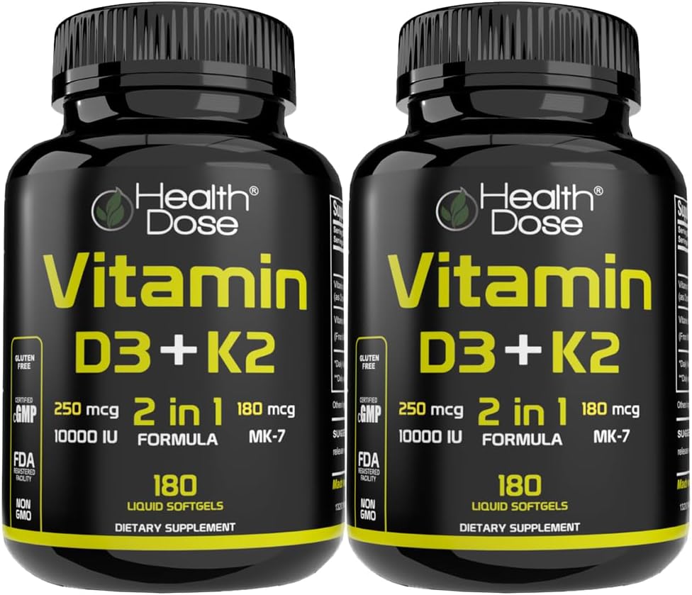 Health Dose Vitamina D3 10.000 UI + K2 (MK7), 180 cápsulas blandas