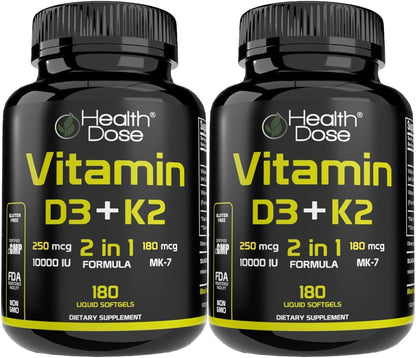 Health Dose Vitamina D3 10.000 UI + K2 (MK7), 180 cápsulas blandas – Image 1
