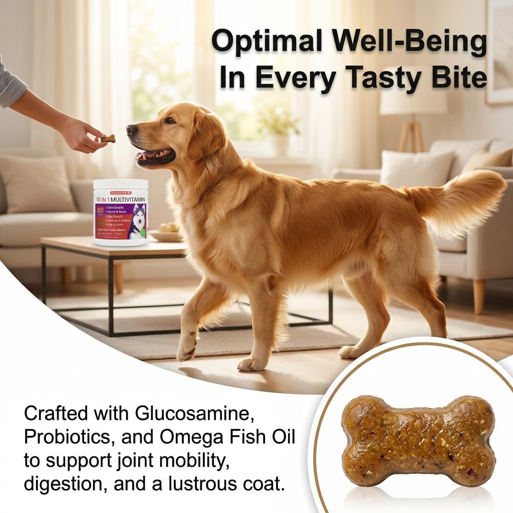 Freydell Pets Suplemento Multivitamínico 10-en-1 para Perros – Glucosamina y Condroitina, Probióticos, Omega-3 para Articulaciones, Digestión y Piel (120 masticables)