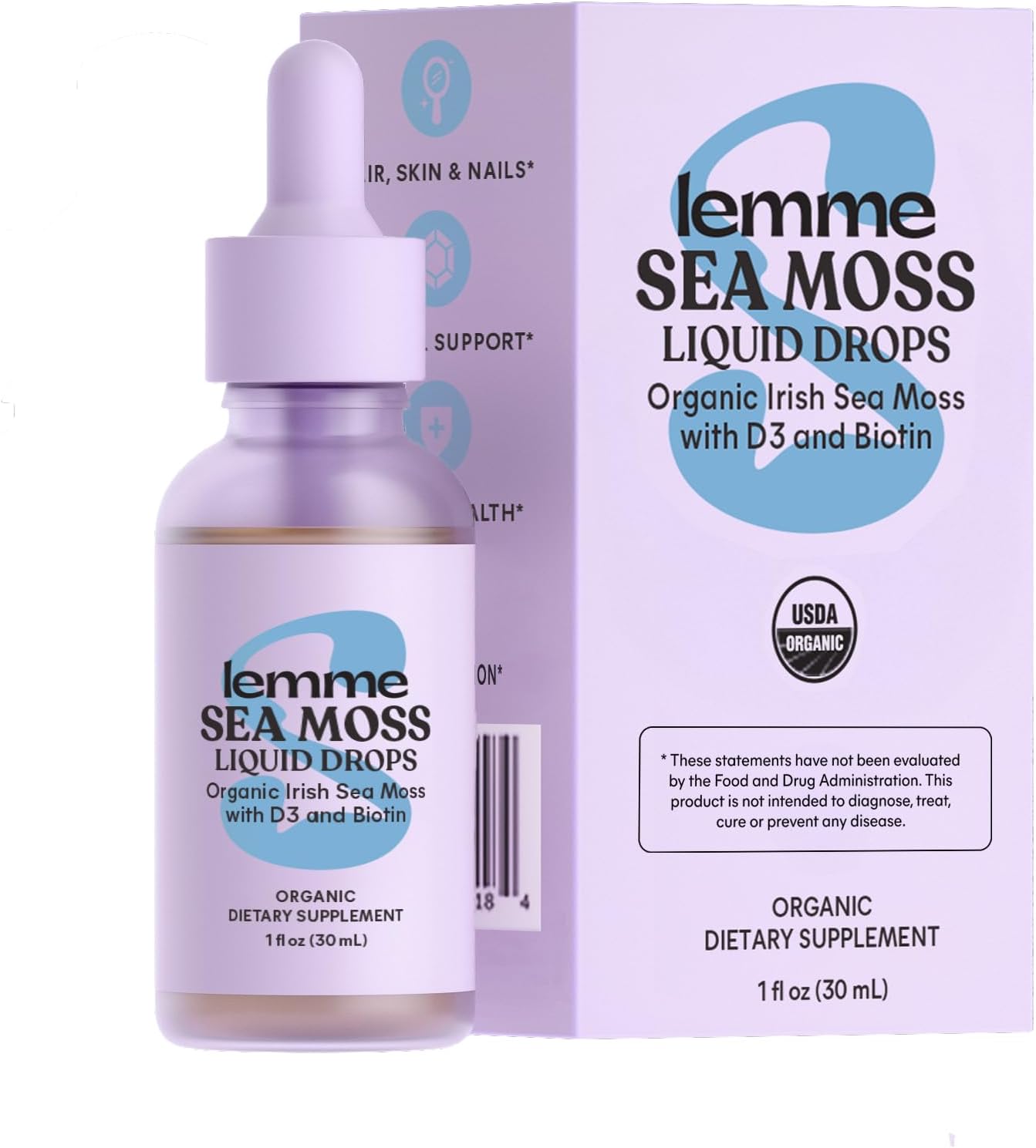 Lemme Irish Sea Moss Orgánico Gotas Líquidas con Vitamina D3 y Biotina, 30 ml