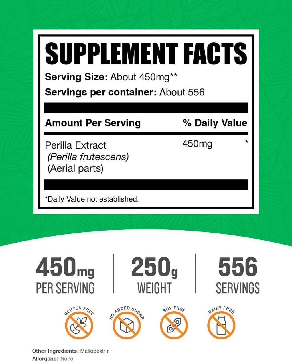 BulkSupplements.com Extracto de Perilla Frutescens - Suplemento Herbal Vegano y Sin Gluten, 450mg por Ración, 250g