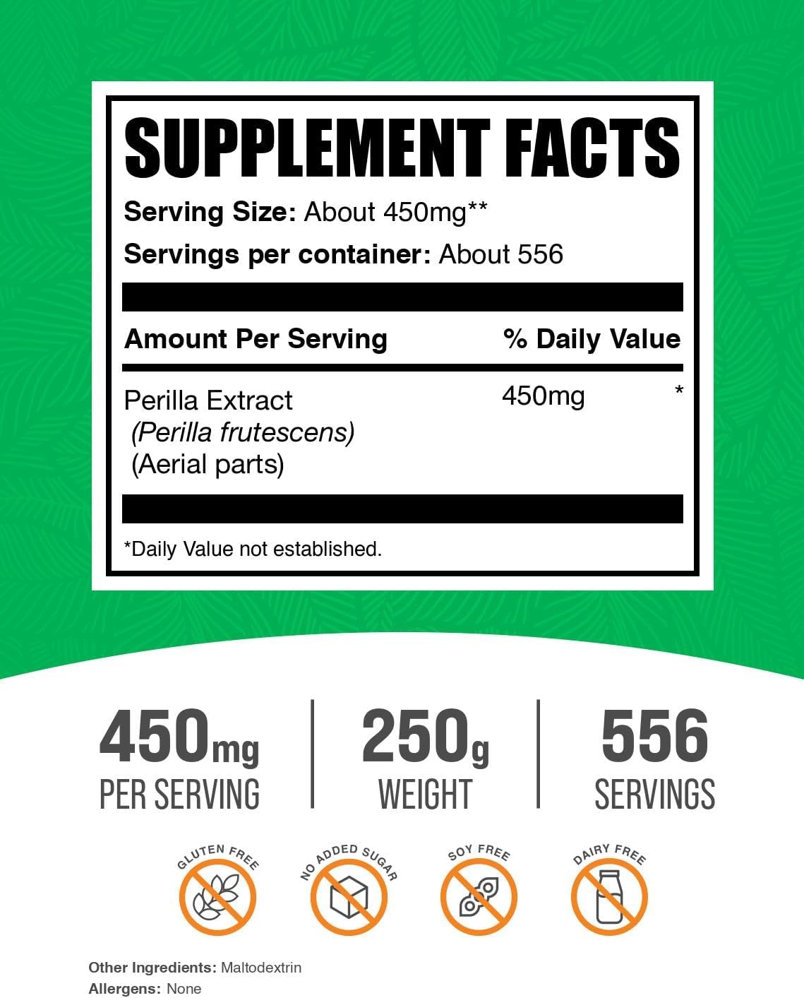 BulkSupplements.com Extracto de Perilla Frutescens - Suplemento Herbal Vegano y Sin Gluten, 450mg por Ración, 250g