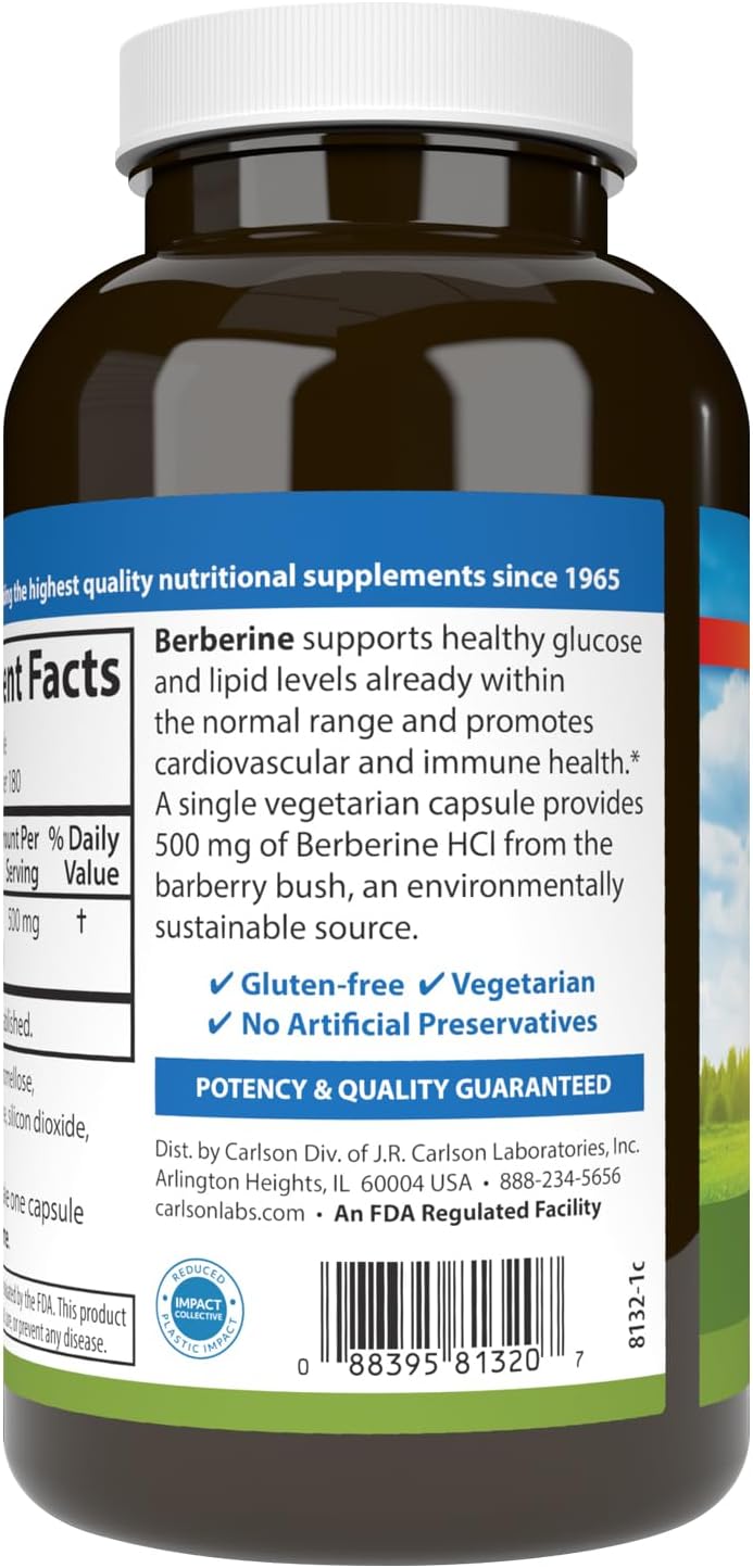 Carlson Berberina – 500 mg, Apoyo Metabólico, 180 Cápsulas Vegetales