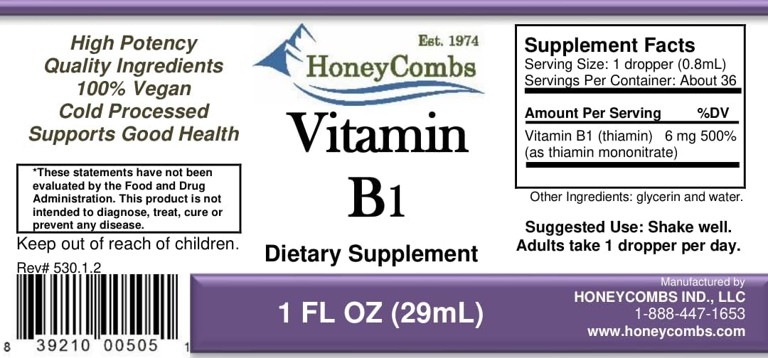 Vitamina B1 (Tiamina) Gotas - Extracto de Tiamina Vitamina B1 de Alta Potencia - Líquido Vitamínico Vegano, Sin Alcohol y Sin OGM - Mantiene la Salud del Sistema Nervioso, Apoya la Digestión y Aumenta la Energía, 1 Fl Oz