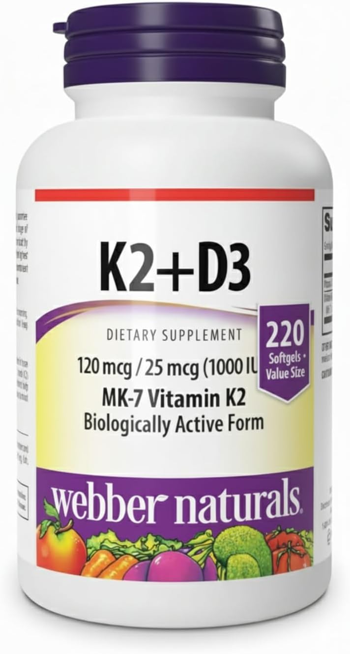 Webber Naturals K2 + D3 120 mcg / 1000 UI, 220 cápsulas blandas