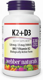 Webber Naturals K2 + D3 120 mcg / 1000 UI, 220 cápsulas blandas
