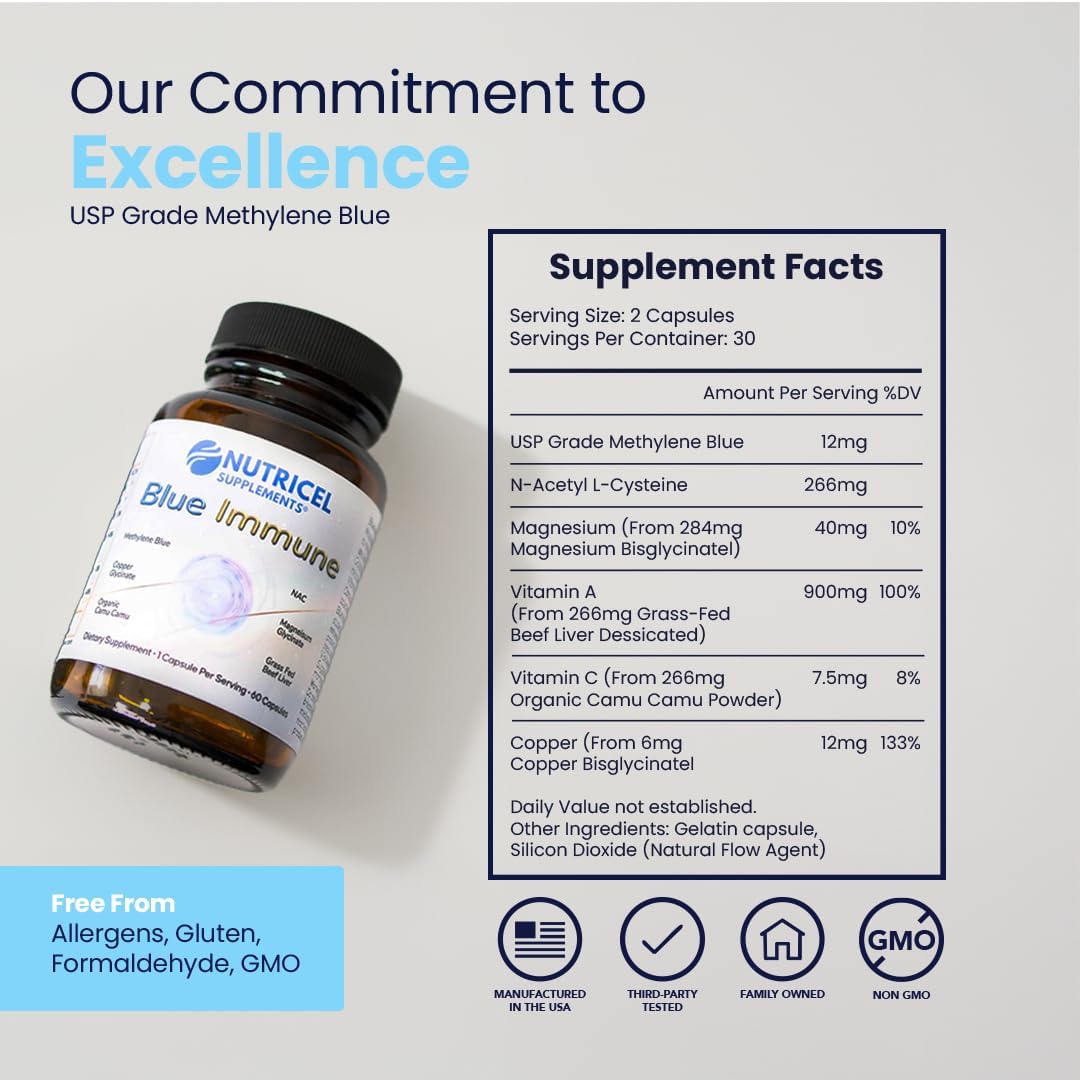 Nutricel Supplements Blue Immune 60 Cápsulas - Fórmula Nootrópica con Azul de Metileno USP