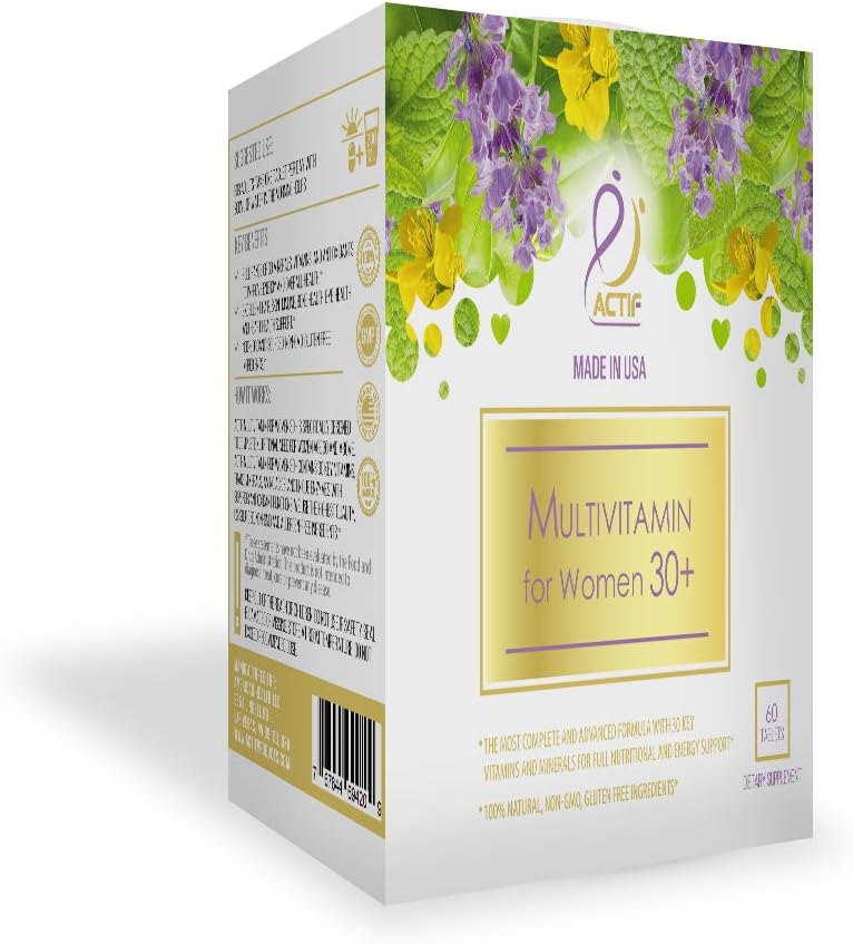 ACTIF Multivitamínico para Mujeres +30 con 30 Vitaminas y Hierbas Orgánicas, No Transgénico, Fabricado en EE.UU., Suministro para 2 Meses