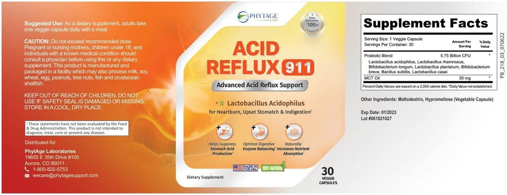 Natural Acid Reflux 911 - Complemento para Aliviar el Ardor de Estómago y la Acidez - 30 Cápsulas