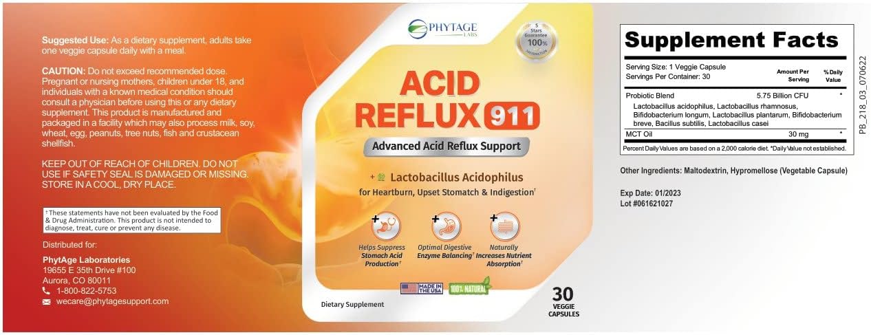 Natural Acid Reflux 911 - Complemento para Aliviar el Ardor de Estómago y la Acidez - 30 Cápsulas