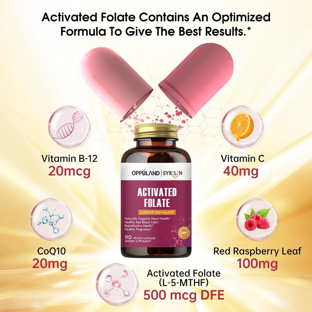 Activated Folate-L 5-MTHF DFE - Metilfolato con B12, CoQ10 y Frambuesa Roja - 500 mcg - 90 Cápsulas Vegetales