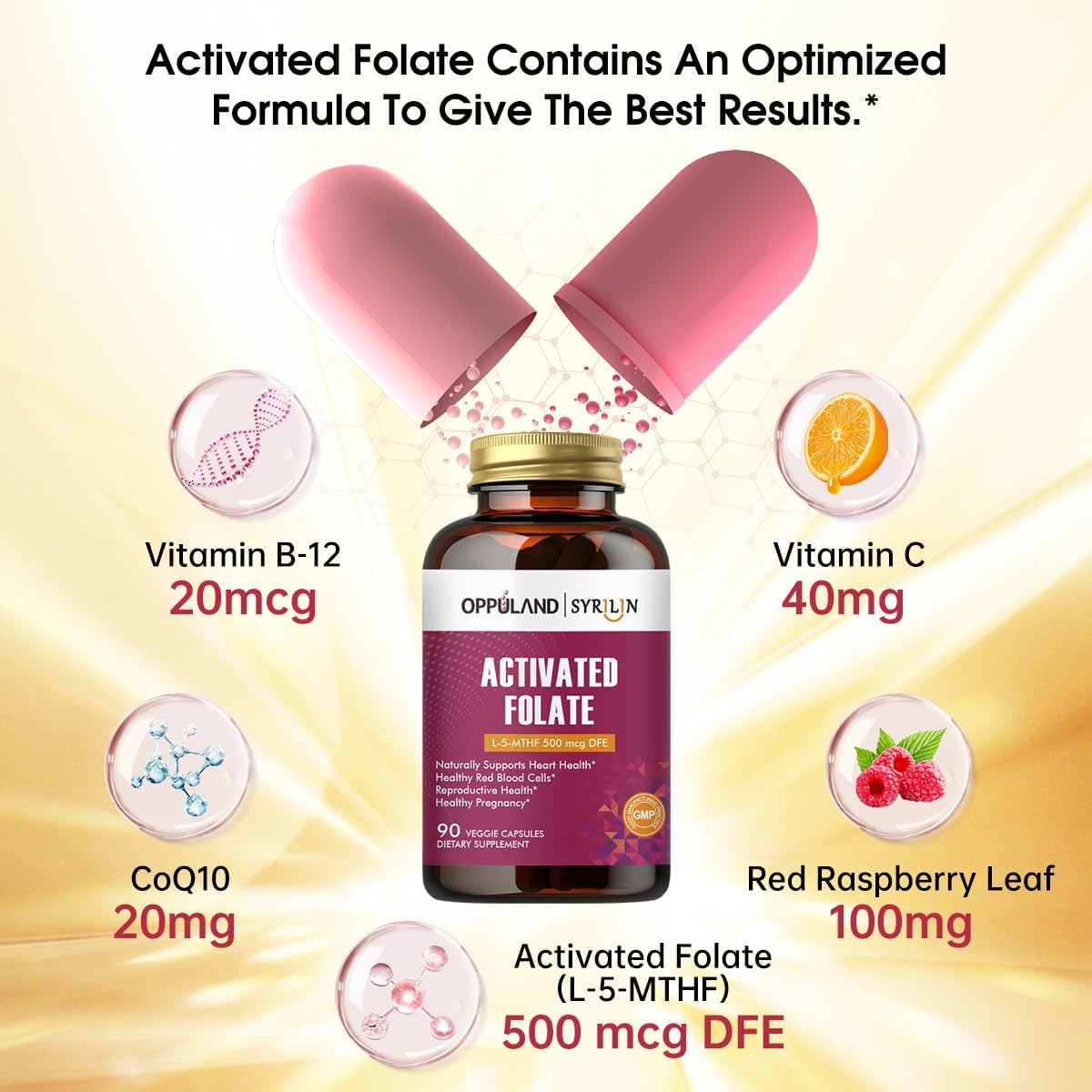 Activated Folate-L 5-MTHF DFE - Metilfolato con B12, CoQ10 y Frambuesa Roja - 500 mcg - 90 Cápsulas Vegetales