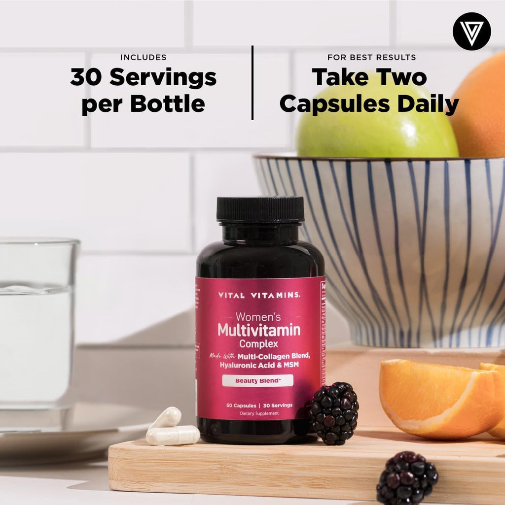 Vital Vitamins Complejo Multivitamínico para Mujeres - Con Mezcla de Multicolágeno, Ácido Hialurónico y MSM - Multivitamínico de Belleza - con Vitamina A, C, E, B6, B12, D3 - 60 Cápsulas