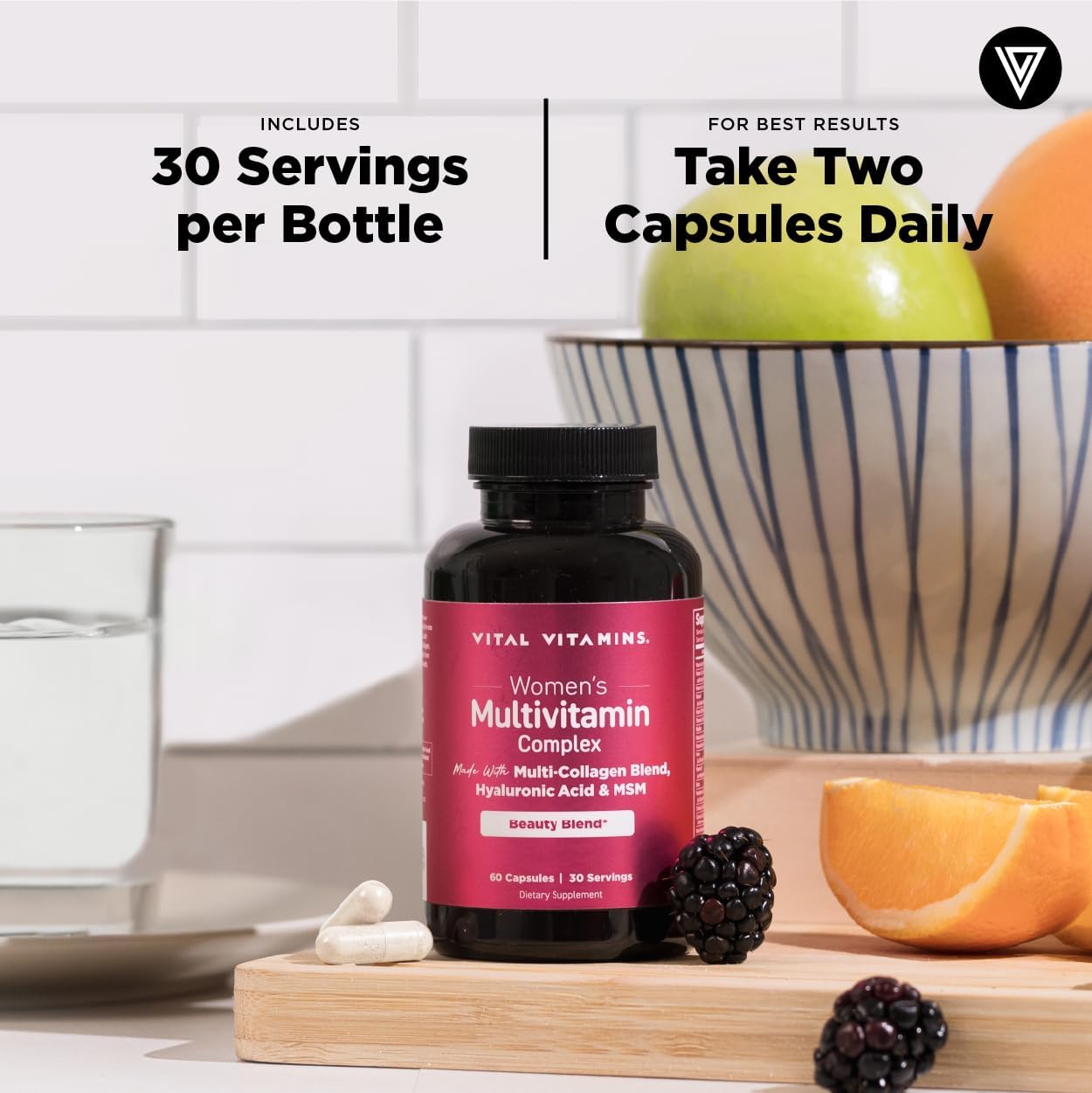 Vital Vitamins Complejo Multivitamínico para Mujeres - Con Mezcla de Multicolágeno, Ácido Hialurónico y MSM - Multivitamínico de Belleza - con Vitamina A, C, E, B6, B12, D3 - 60 Cápsulas