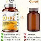 Purity Labs Vitamina D3 + K2 10000 IU, 200 mcg K2 MK-7 con Bioperine, 120 Cápsulas