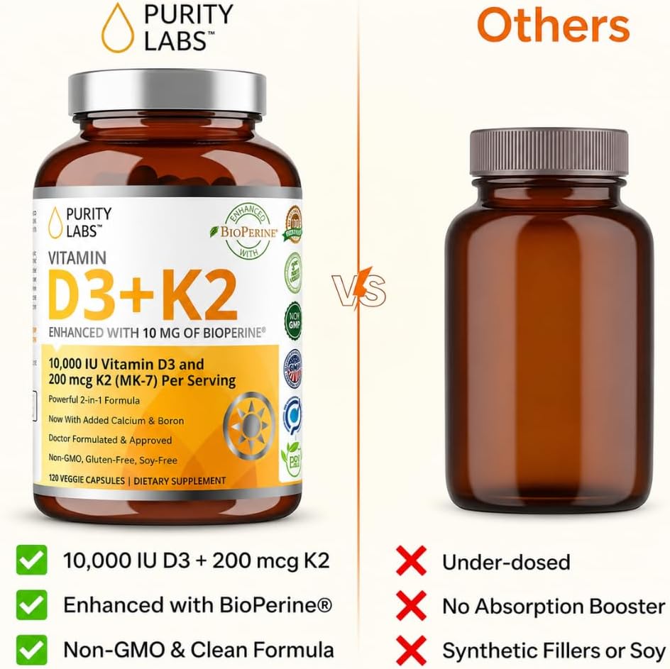 Purity Labs Vitamina D3 + K2 10000 IU, 200 mcg K2 MK-7 con Bioperine, 120 Cápsulas