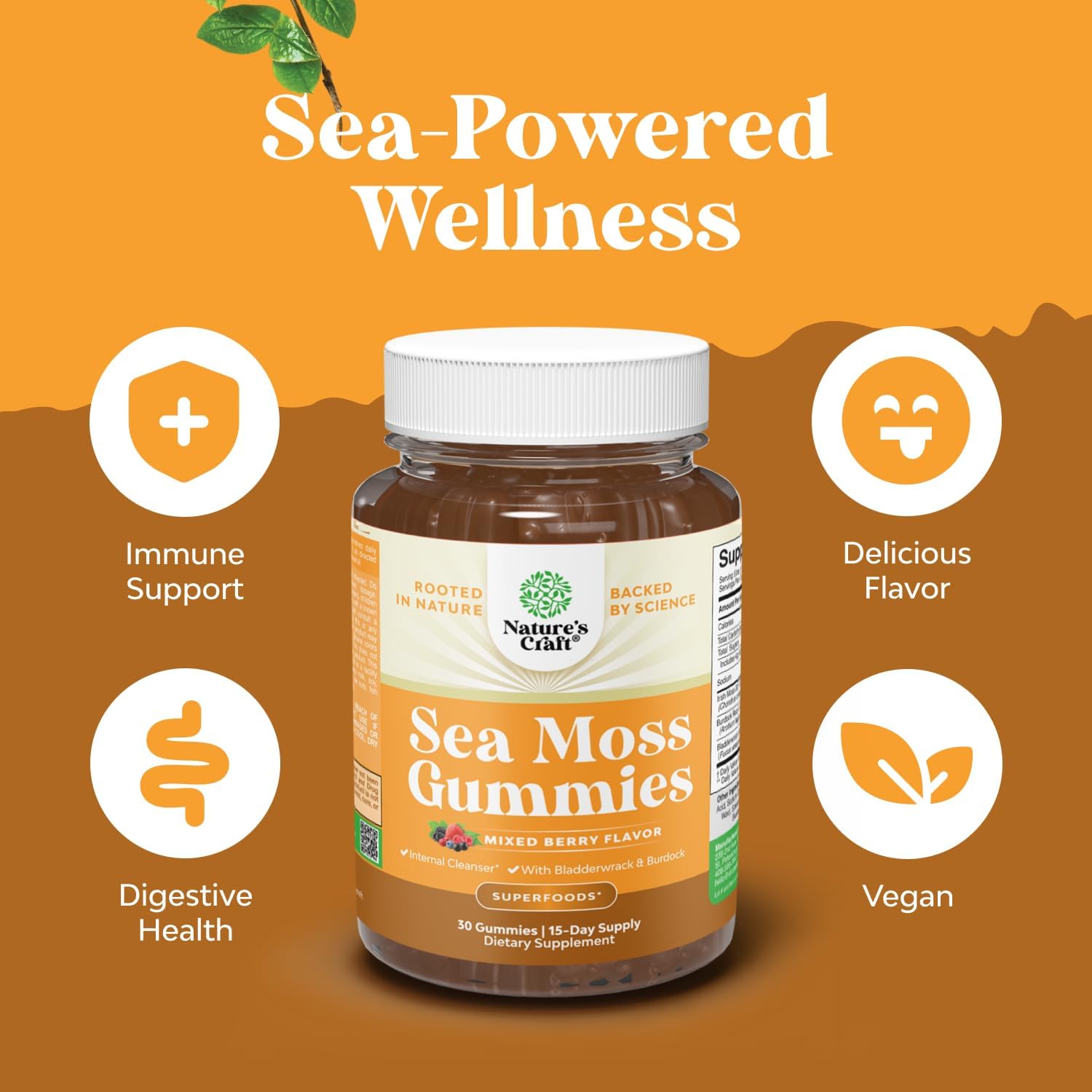 Gominolas de Sea Moss para Adultos y Niños - Veganas, con Burdock y Bladderwrack - Sabor a Bayas - 30 Unidades