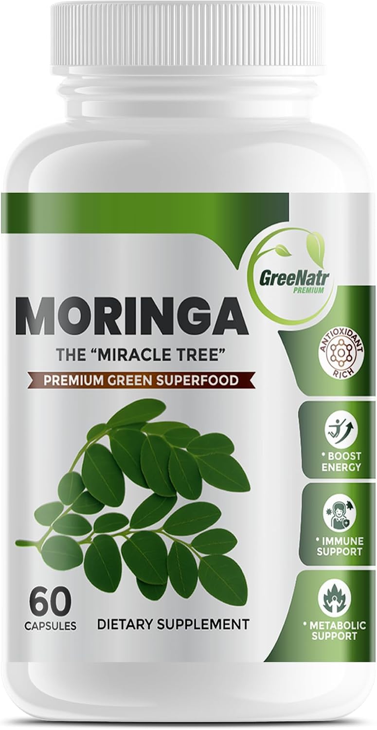 Cápsulas de Moringa Oleifera Pura - Superalimento Verde con Vitamina C, Omega 3 y Aminoácidos - 60 Cápsulas